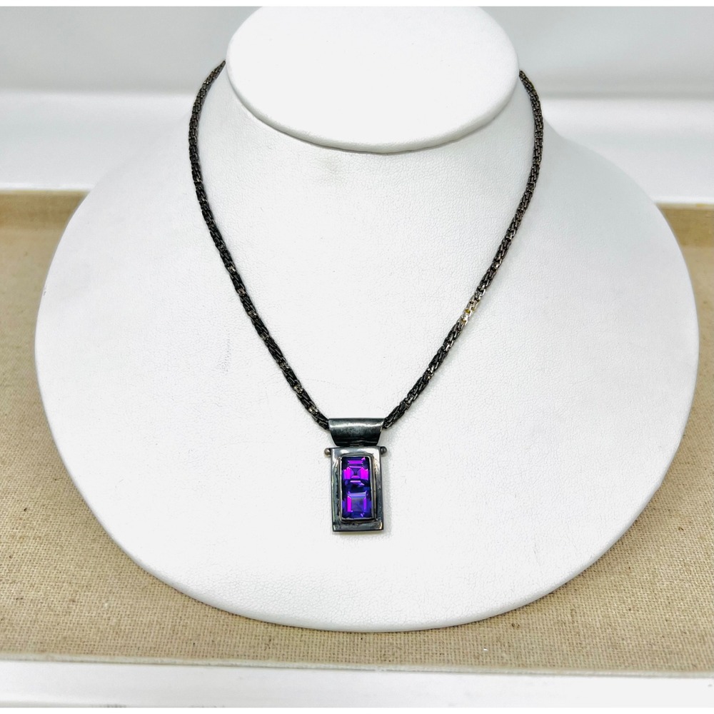 Sterling Silver Amethyst Purple Rectangular Pendant Necklace